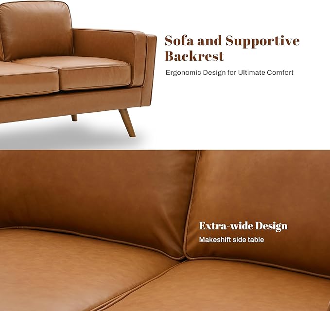 Kingfun Living Room Furniture Sets Loveseat with Ottoman Mid Century Modern Sofa Set Faux Leather Couch with Solid Wood Frame for Living Room &amp Bedroom Brown