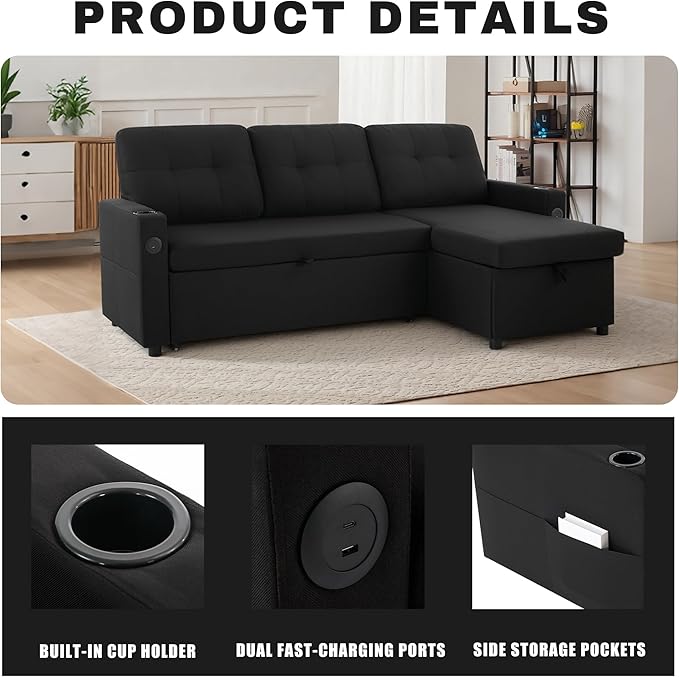 82 Pull Out Sofa BedL-Shape Modern Sleeper Sofa Upholstered Sectional Couch with USB Port and Side Pockets for Living RoomGuest Room (Black)