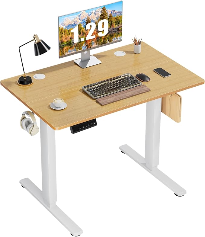 Hexago Electric Standing Desk 48 x 24 Inch Height Adjustable Sit Stand Desk with Memory Presets T-Leg Frame Dual Hooks Cable Hole Ergonomic Computer Desk for Home Office – Oak