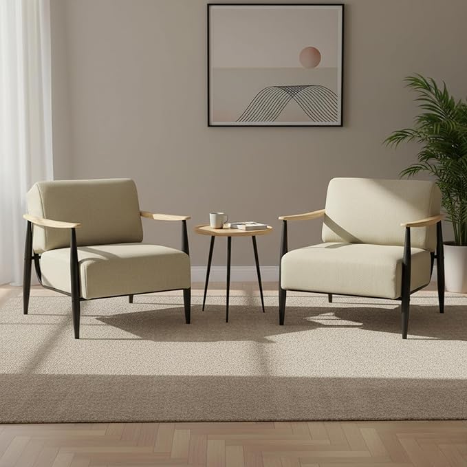 Homy Casa Set of 2 Upholstered Accent Chair with Solid Wood Armrests Heavy-Duty Metal Frame Lounge Chair with Pocket Spring Cushion 500 lbs Capacity for Living Room Reading Corner Bedroom(Oak2)