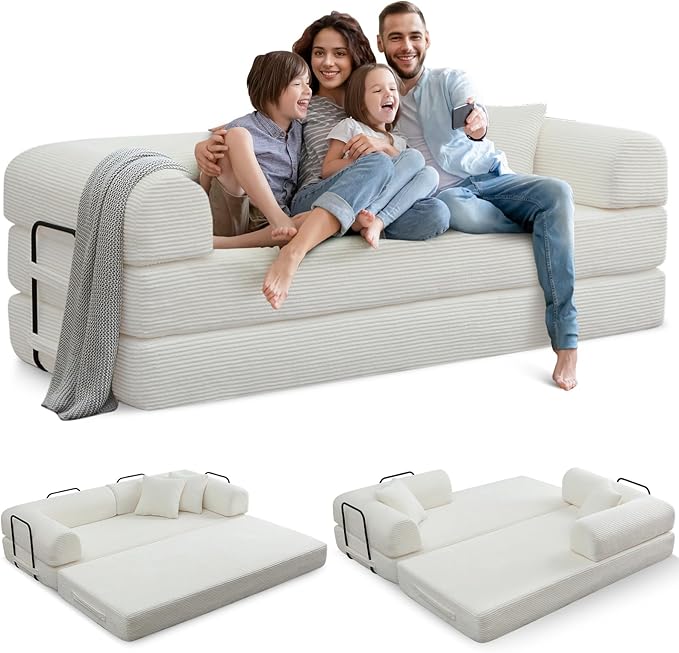 Convertible Folding Sofa Bed Corduroy Sleeper Mattress Couch with Fixed-Shape Frame Free Combination Loveseat Lounge Floor Sofa Queen Size Memory Foam Couch for Living Room Bedroom White