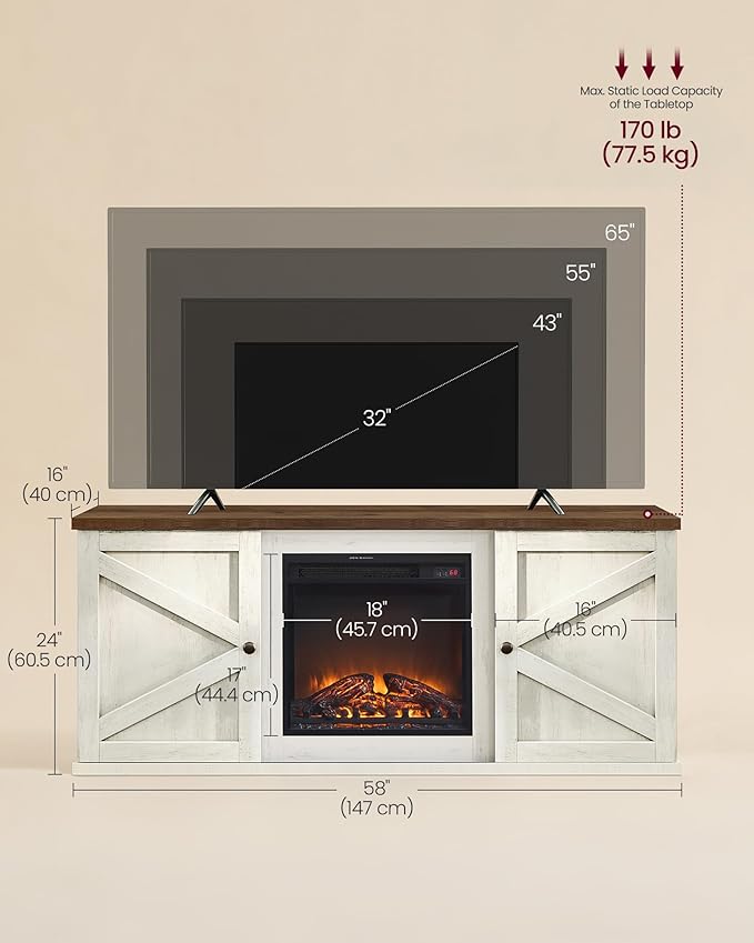 VASAGLE Fireplace TV Stand for TVs up to 65 Inches 18-Inch ELectric Fireplace with Remote Farmhouse Entertainment Center Media Console Table for Living Room Rustic White and Honey Brown ULTV540W01