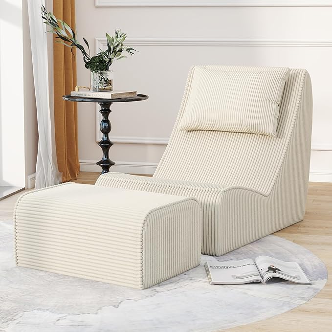 Giant Bean Bag Chair for AdultsCorduroy Chaise Lounge with Unrivaled Back Support Detachable Neck Pillow Comfortable Ottoman &amp Washable Cover for Living Room Bedroom Garden(White)