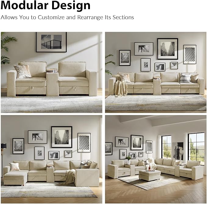 EcoHarbor Living Modular Sofa Center Console with Tabletop &amp Dual Charging Ports Multi-Functional Sectional Organizer tith Cup Holder &amp USB Charger for Customizable Sofa Configurations Beige