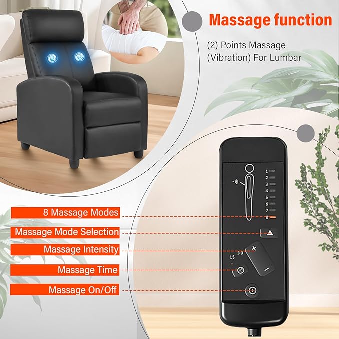 Recliner Chair PU Leather Massage Single Sofa Home Theater Seating Breathable Padded Reading Sofa with Footrest for Bedroom Living RoomBlack