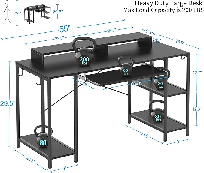 Workstation Desk with Keyboard Tray 55 Inch Computer Desk with Storage Shelves Monitor Stands and 4 Iron Hooks Industrial Desk for Home Office
