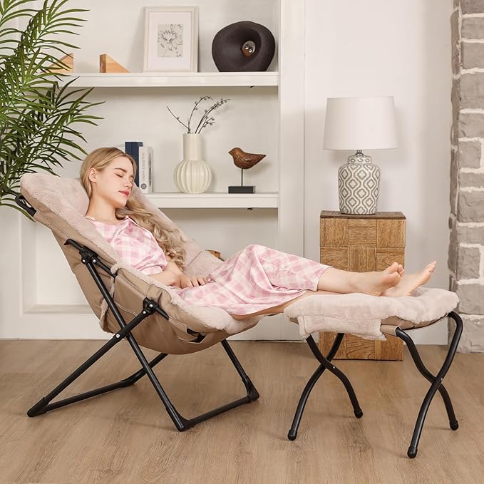 Comfy Saucer Chair for Adults Soft Faux Fur Bedroom Chair with Ottoman Accent Dorm Chairs Living Room Reading Chairs and Footstool Folding Seat for Teens X-Large Light Khaki