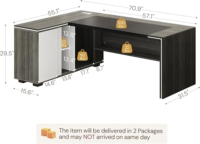 71 L-Shaped Executive Desk with Cabinet Storage Large Office Computer Desk with Storage Shelves Under-Desk Bookshelf CPU Stand Cable Management Business Furniture Workstation (Gray)