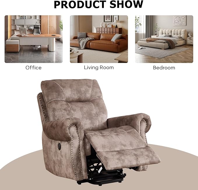CANMOV Power Lift Recliner Chair with Massage and Heat Soft Fabric Massage Recliner for Elderly Overstuffed Single Reclining Sofa Vintage Rivet Mid-Century Design for Living Room Brown