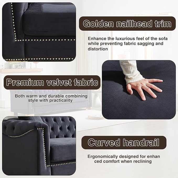Chesterfield Sofa and Loveseat Set Oversized Mid Century Modern Sofa Couch with Gold Rivet Decoration Cloud Comfy Velvet Upholstered Button-Tufted Couch Set for Living Room Office Black