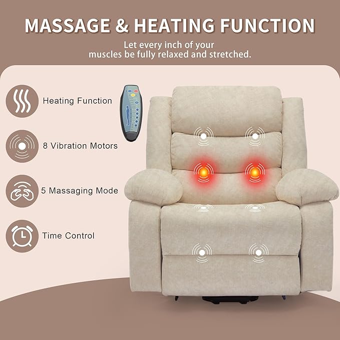 Oversized Power Lift Recliner for Elderly Extra Wide Electric Recliner Chairs with Massage and Heat Reclining Chair with Side Pockets Recliner for Living Room (Imitation Cashmere Khaki)