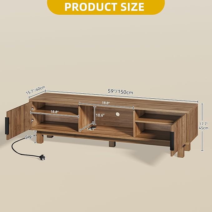 DWVO Fluted TV Stands for Living Room Entertainment Center for TVs up to 65 Inch Mid Century Modern Media Console with Power Outlets &amp Storage Compartments 59 Long TV Cabinet Walnut