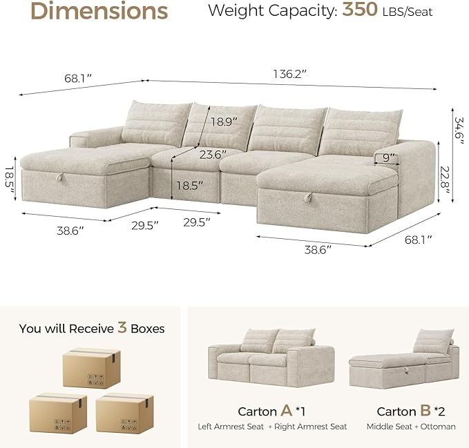 136 Modular Sectional Sofa with Deep Seat U-Shaped Cloud Couch for Living Room 4-Seater Boneless Sofa with 2 Ottomans Flexible Combination Modern Upholstery Sofa No Assembly Required Apricot
