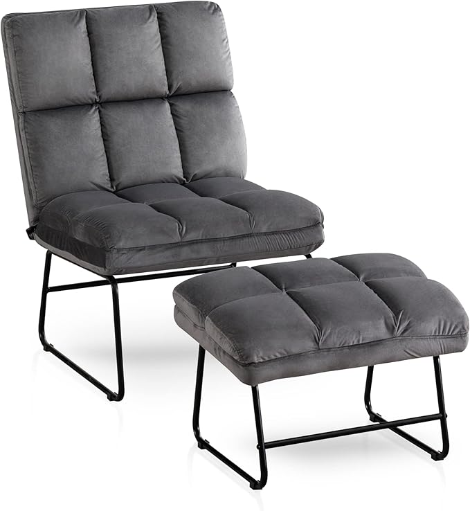 MCombo Velvet Accent Chair with Ottoman Set Modern Armless Chair for Living Room Bedroom Small Spaces Fabric 0014 (Dark Grey)