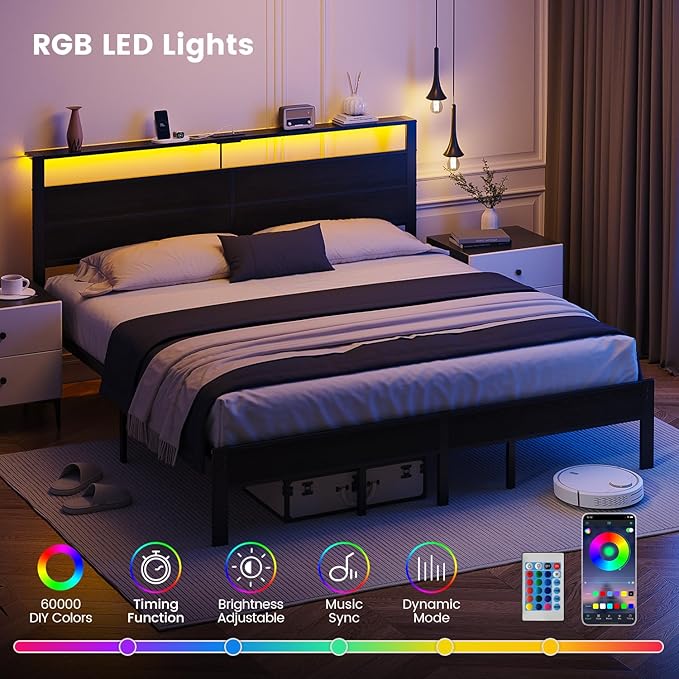 King Size Bed Frame with LED Lights &amp Charging Station Black Metal Platform Bed with Wood Headboard and Sturdy Slats No Box Spring Needed