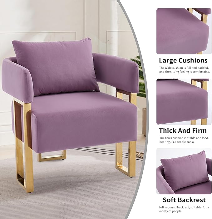 YISHENG Modern Barrel Accent Chairs Set of 2 Living Room Side Chairs with Golden Metal Legs Velvet Upholstered Reading Armchairs no Wheels for Vanity/Reception Room//Bedroom/Lounge/Office Purple