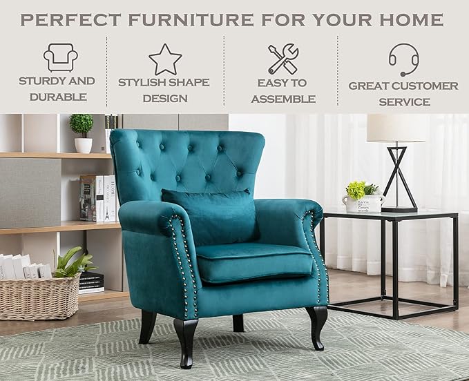 Kmax Velvet Club Chair Tufted Throne Chair Mid Century Accent Wingback Chair Padded Seating Wood Legs Home Club Bedroom Living Room Teal Blue