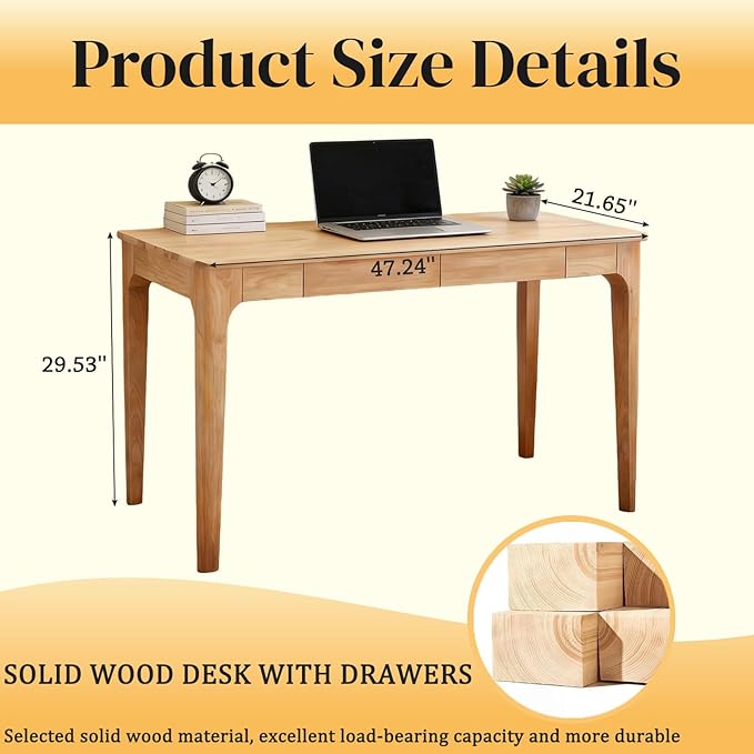 47 Solid Wood Writing Desk Small Computer Desk with Drawers Walnut Study Table with File Drawer Simple Office Desks with Storage for Home Office Bedroom Study Room (Natural)