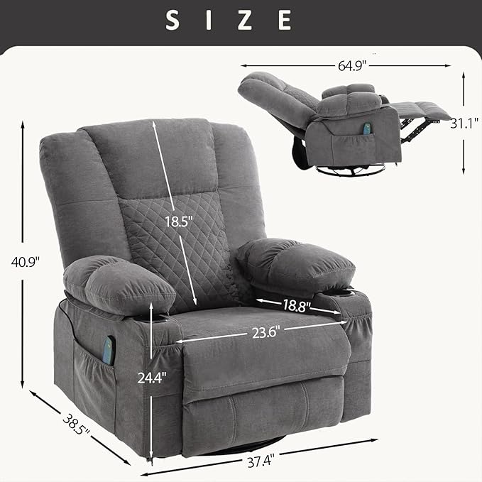 Rocker Recliner Chair with Heat and Massage Wide Seat Overstuffed Fabric Reclining Chair for Living Room Nursery Glider Rocking Chair Swivel Recliner with Cup Holder Grey