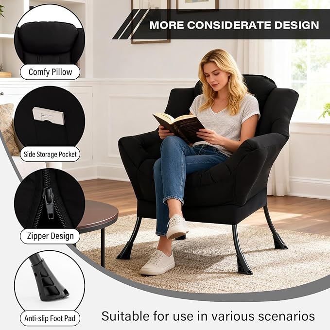 Lazy Chair Modern Soft Reading Chair Accent Contemporary Sofa Chair with Armrests and a Side Pocket for Living Room Bedroom Dorm &amp Office Black