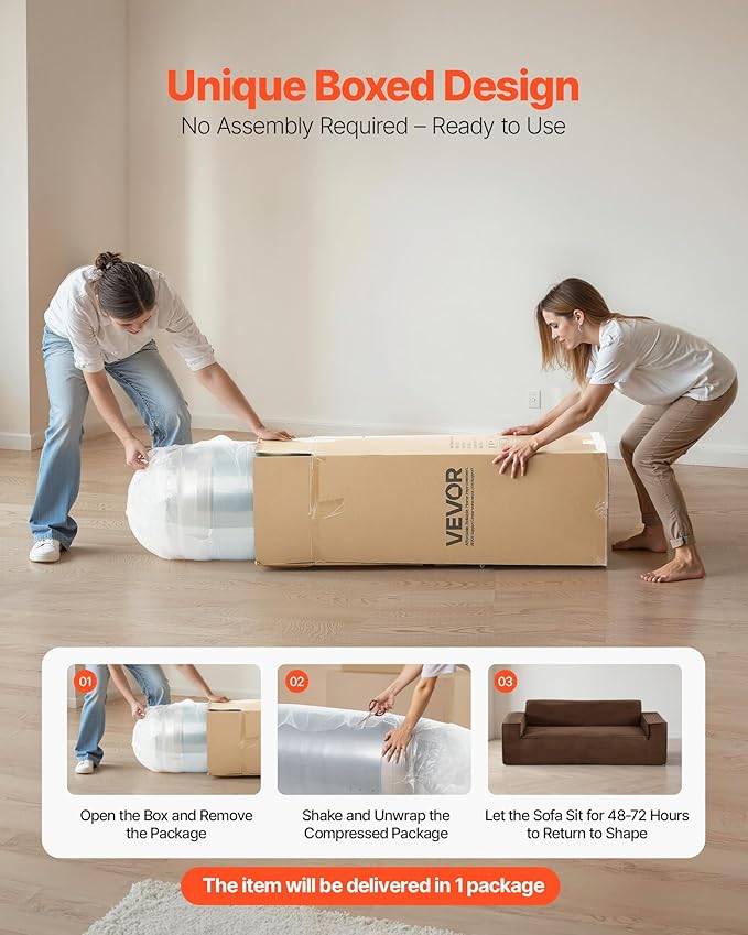VEVOR 3-Seater Sofa in a Box 83-Inch No Assembly Corduroy Couch with Memory Foam Deep Seats for Living Room Apartment or Office Brown