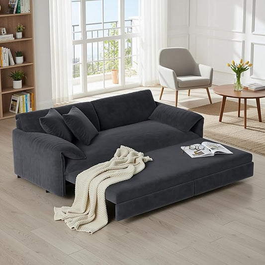 Homy Casa 66 3-in-1 Convertible Sofa Bed Queen Size Pull-Out Bed with Side Storage Velvet Loveseat Modern Sleeper Sofa for Living Room Office or Guest Room (Grey)