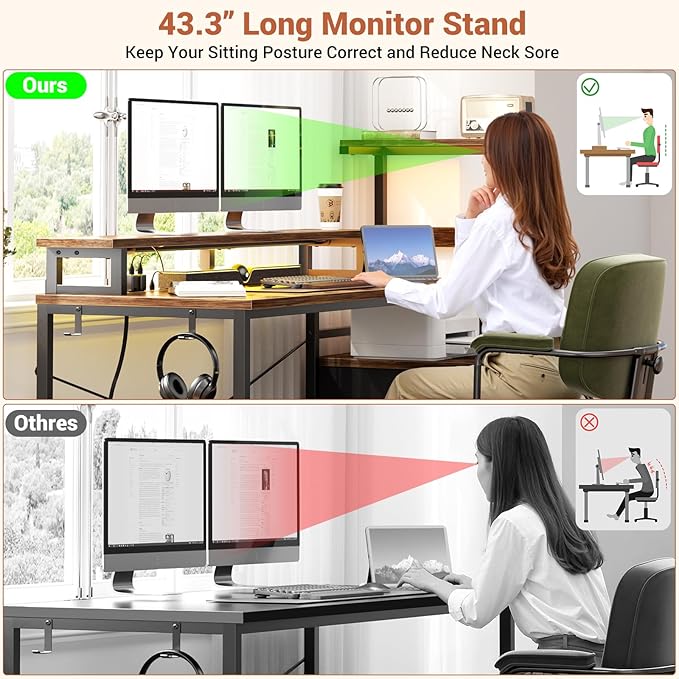 Aheaplus Gaming Desk with LED Strip &amp Power Outlet 59Inch Reversible Computer Desk with Monitor Stand &amp Storage Shelves Home Office Desks with Fabric File Drawer Gamer Table PC Desk Rustic