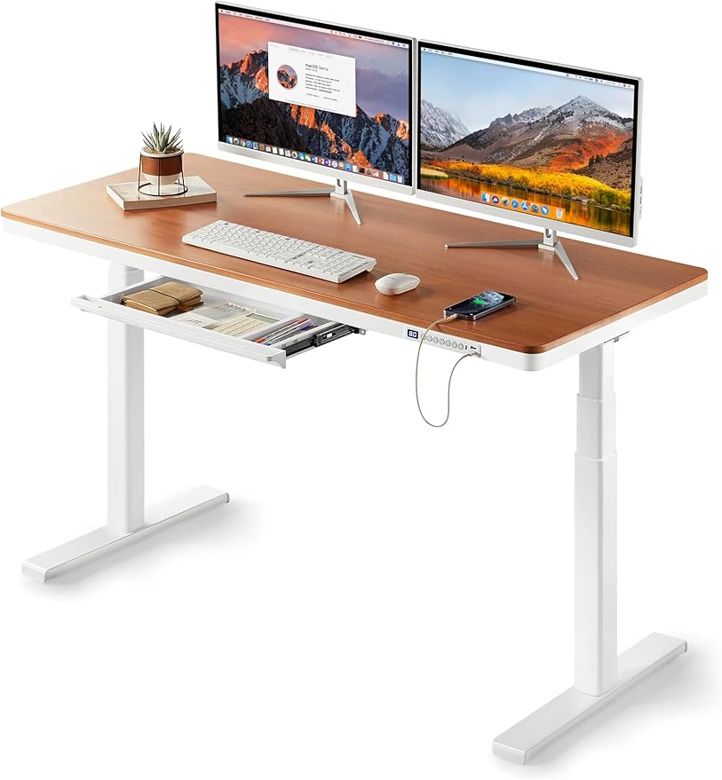 KINGSMITH 55x24 Inches Whole Piece Electric Standing Desk with Drawer Height Adjustable Stand up Desk for Home Office Ergonomic Sit to Stand Desk Computer Workstation Black Walnut