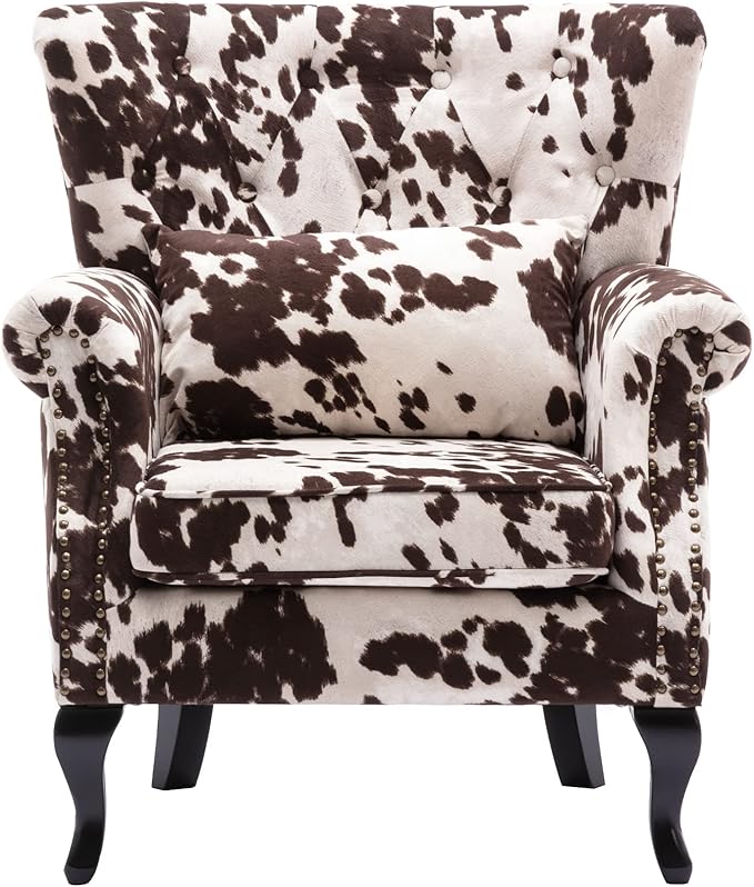 chairus Mid-Century Modern Accent Chair Comfy Tufted Single Sofa Chair Wingback Armchair with Pillow for Club Living Room Bedroom - Velvet Cow