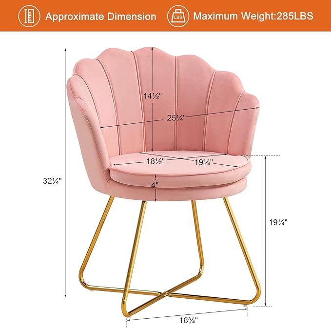 Furniliving Pink Vanity Chairs Velvet Makeup Chair for Bedroom Home Office Desk Chair with Gold Plating Legs Cute Accent Chair for Makeup Room Bedroom Living Room Guest Reception (Velvet Pink)