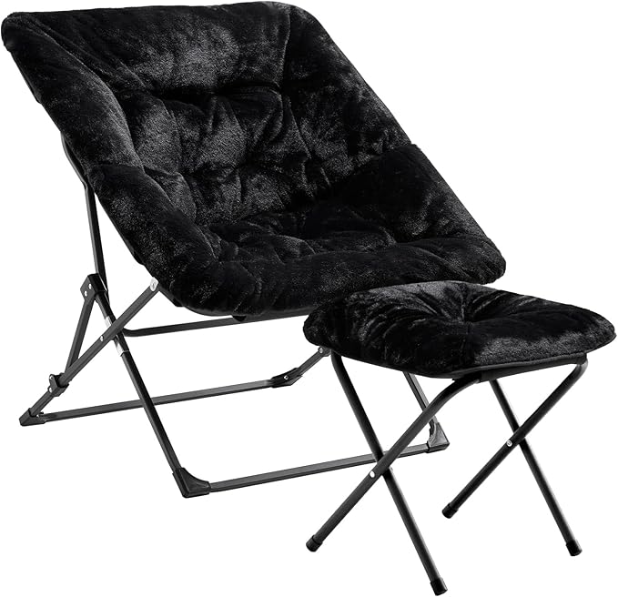 OAKHAM Comfy Chair for Adults Soft Faux Fur Folding Lounge for Bedroom Living Room Dorm Rooms Flexible Reading Chair for Teens Kids X-Large Foldable (Ottoman-Black)