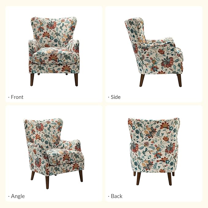 HULALA HOME Floral Accent Chair Wingback Chair with Arms and Solid Wooden Legs Comfy Upholstered Armchair Single Sofa Chair for Living Room Office (RED)