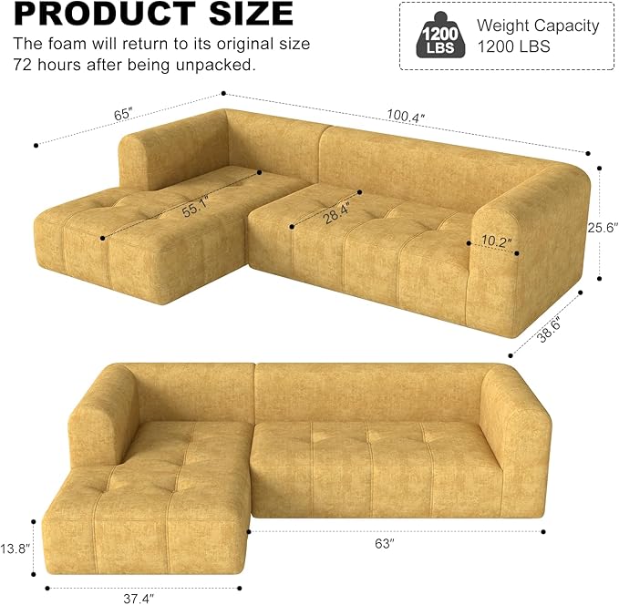 105 Modular Sectional Sofa Boneless couch for Living Room Cloud Sectional Couch with Deep Seat L-Shape Sofa Upholstered Couches for Living Room Bedroom No Assembly Required Yellow (Slub Fabric)