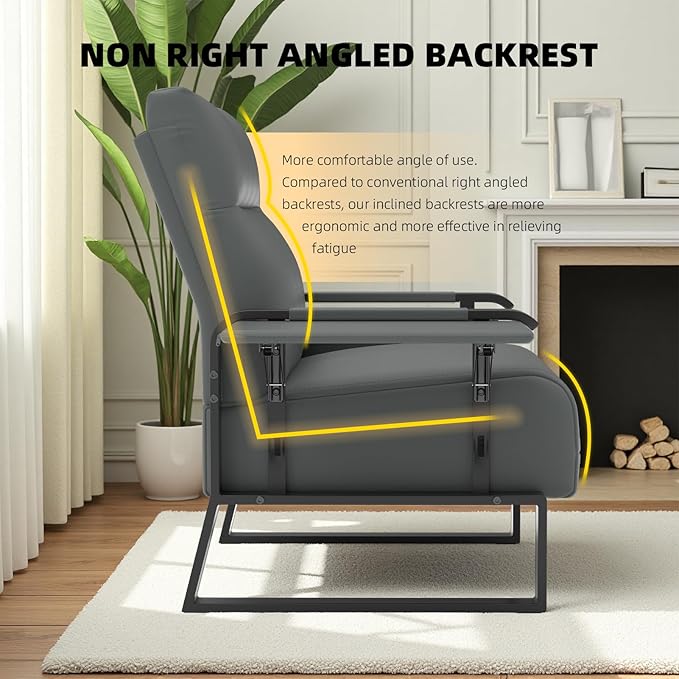 Faux Leather Accent Chair with Flip Up Tray Table Soft Backrest Side Pocket for Living Room Office Bedroom Leather Accent Chair Gray
