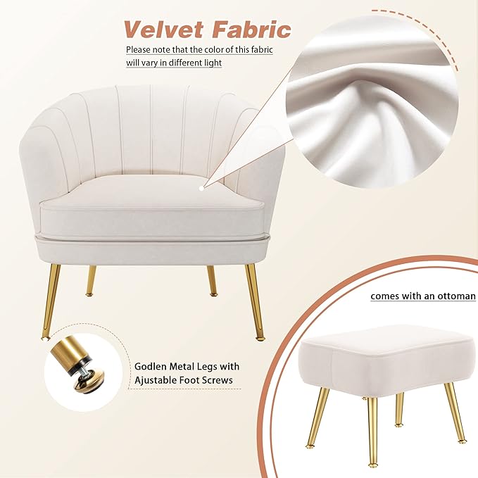 Andeworld Velvet Accent Chair with Ottoman Upholstered Modern Single Sofa Side ChairComfy Barrel Club Living Room Armchair with Golden Metal Legs for Bedroom Living Reading Room Office Beige