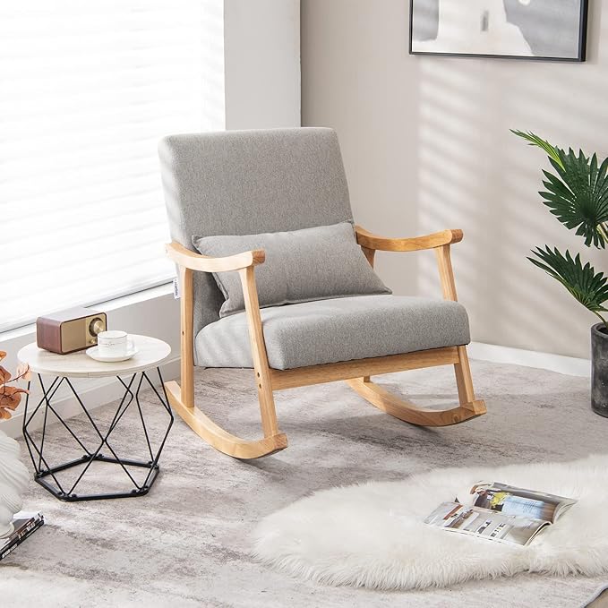 Giantex Upholstered Rocking Chair Set of 2 - Modern Rocker with Rubber Wood Frame Comfy Backrest &amp Seat PP Padded Pillow Single Rocking Chair for Living Room Nursery Bedroom Lounge Office