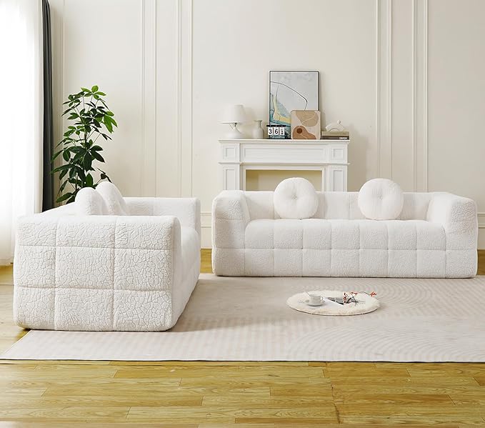 2 Pieces Cloud Couch Set for Living Room 66.5-inch and 84.6-inch Modern Comfy Upholstered Deep Seat Faux Fur Boneless Sofa and Loveseat Set with 2 Pillows for Living Room Bedroom Office Beige