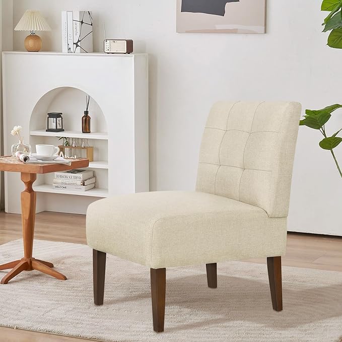 Slipper Accent Chair Modern Armless Lounge Chair with Wood Legs Upholstered Makeup Vanity Tufted Side Chair Fabric Comfy with Decor Back for Living Room Bedroom Patio (Pin Back Beige)