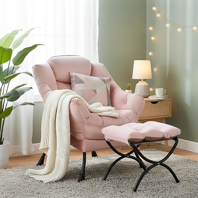 Welnow Lazy Chair with Ottoman Modern Accent Chair with Armrests and a Side Pocket Leisure Sofa Armchair Reading Armchair with Footrest for Small Space Pink