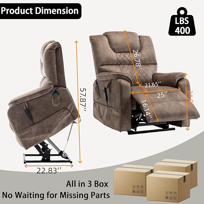 Lift Recliner Chair Lay Flat 180°Heavy DutyInfinite Position with Massage and Heating Functions Adjustable Upholstered Dual Motor Power Stand Up Lifting ReclinerSuitable for Living Room(Brown)