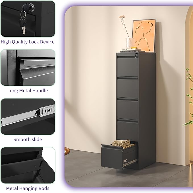 5 Drawer Small Metal Vertical File Cabinet with Lock Under Desk Locking Drawers Storage Cabinet Organizer for HomeOffice Vertical Filing Cabinets for A4 Legal/Letter SizeBlack