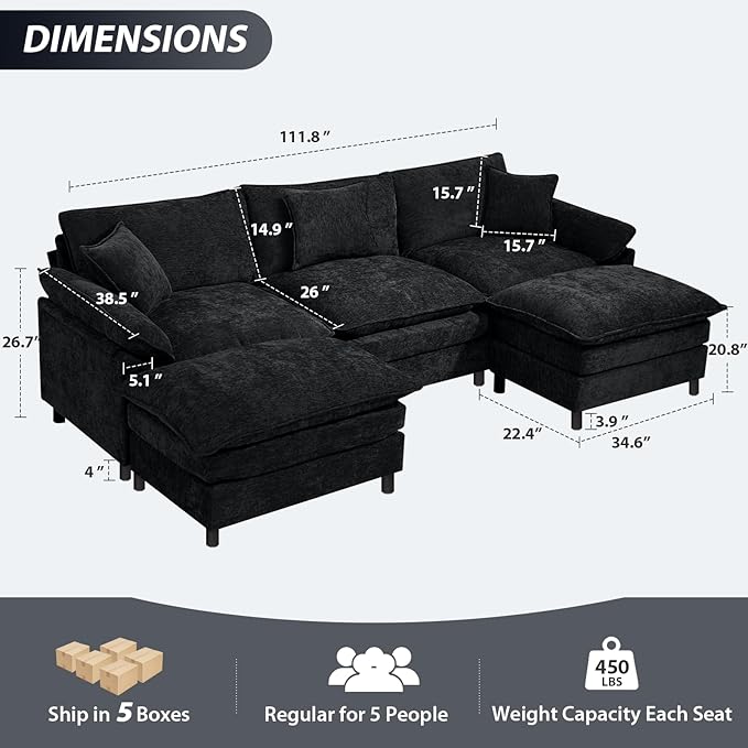 Oversized Modular Sectional Sofa 111.8 Inch U Shaped Cloud Couch Set 3-Seat Comfy Chenille Convertible Sofa with 2 Movable Ottoman DIY Combination Sleeper Couch for Living Room Black