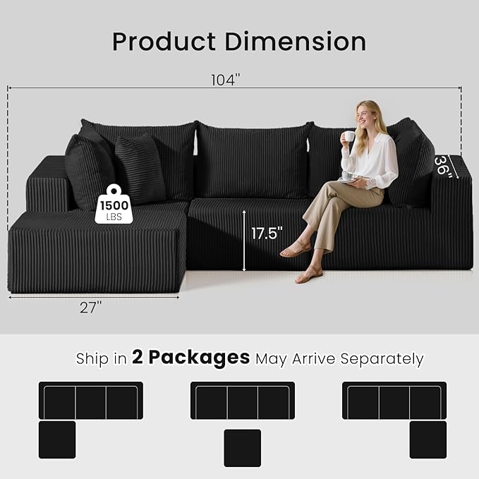 Cloud Sectional Couch with L-Shape ChaiseModular Sofa with Deep Seat Reversible Ottoman 4 Seat DIY Combination Sectional Couches for for Living Room Bedroom