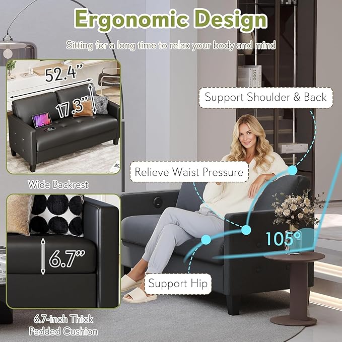 STHOUYN 59” Black Faux Leather Sofa Couch Modern Comfy Office 2 Seater Couch Loveseat with USB &amp Tufted Armrest Small Love Seat Couches for Living Room Bedroom Apartment