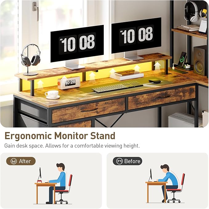 L Shaped Computer Desk with Drawers 53'' Gaming Desk with Storage Shelves Corner Computer Desk with Power Outlets &amp LED Light Home Office Desk with Monitor Stand and Pegboard Rustic Brown
