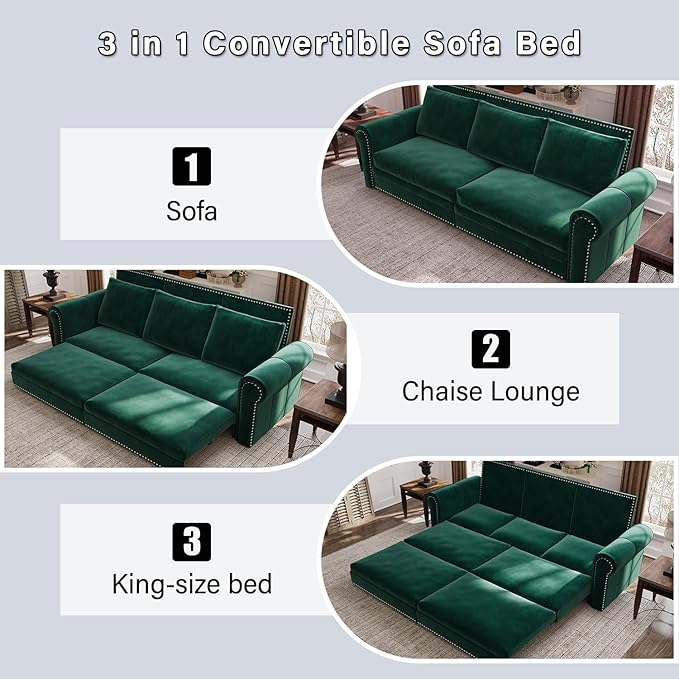 KEIKI 93.7 King Pull Out Sofa Bed 3-in-1 Velvet Convertible Sleeper Sofa with Nailhead Trim &amp Rolled Arm Multi-Functional Sofa Bed for Living Room Bedroom Apartment Office Green
