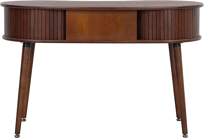 NTC Ripple Desk Modern Wooden Writing Desk with Two Hidden Drawers Stylish Vertical Groove Design Home Office Workstation Minimalist Study Table Easy Assembly - Dark Walnut