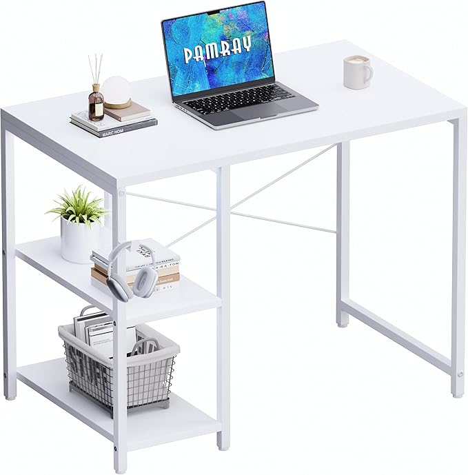 Pamray 32 Inch Small Computer Desk with Shelves Home Office Desk with Headphone Hook for Bedroom Study Writing PC Table for Small Spaces White