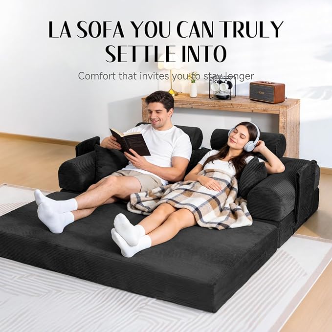 79 Corduroy Sofa Bed Sleeper Couch 6-in-1 Convertible Boneless Floor Futon Loveseat High-Density Foam Couch in a Box with 2 Headrest Pillows No Assembly Black