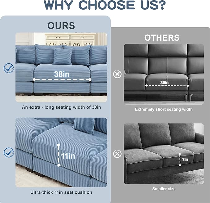 168 Corduroy Sectional Couches for Living Room Blue Comfortable Oversized Sectional Sofa Set with Deep Seat Large 3 Seater Couch Sofas para Sala Modern Corduroy Couch Set